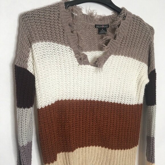 Destructed Sweater Womens  Medium Fringe Chunky Knit Striped Colorblock V-Neck - Picture 3 of 13